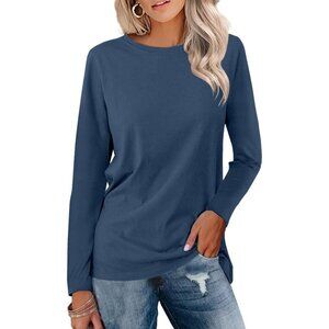 🆕 Women Blue Casual Long Sleeve Tunics Tops Crew Neck Shirts Loose Fit Stylish